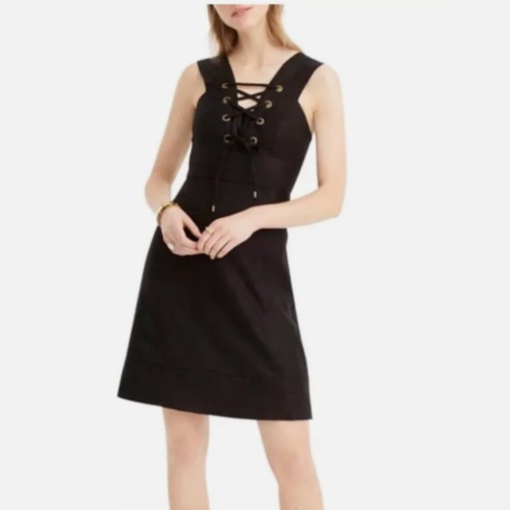 J. Crew Collection Black Lace-Up Structured Linen Dress